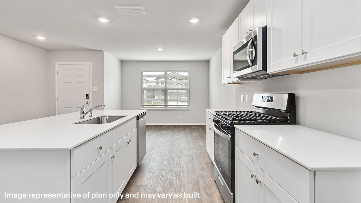 kitchen flowing into dining area