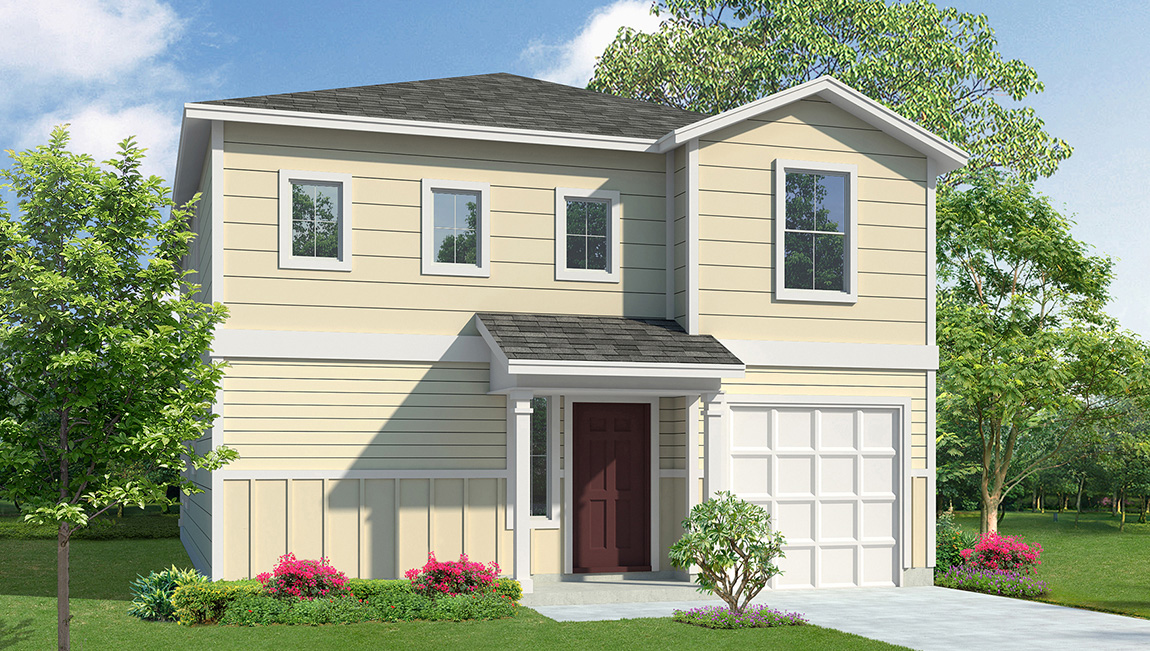 EXTERIOR OF 2 STORY HOME WITH BRICK AND SIDING.