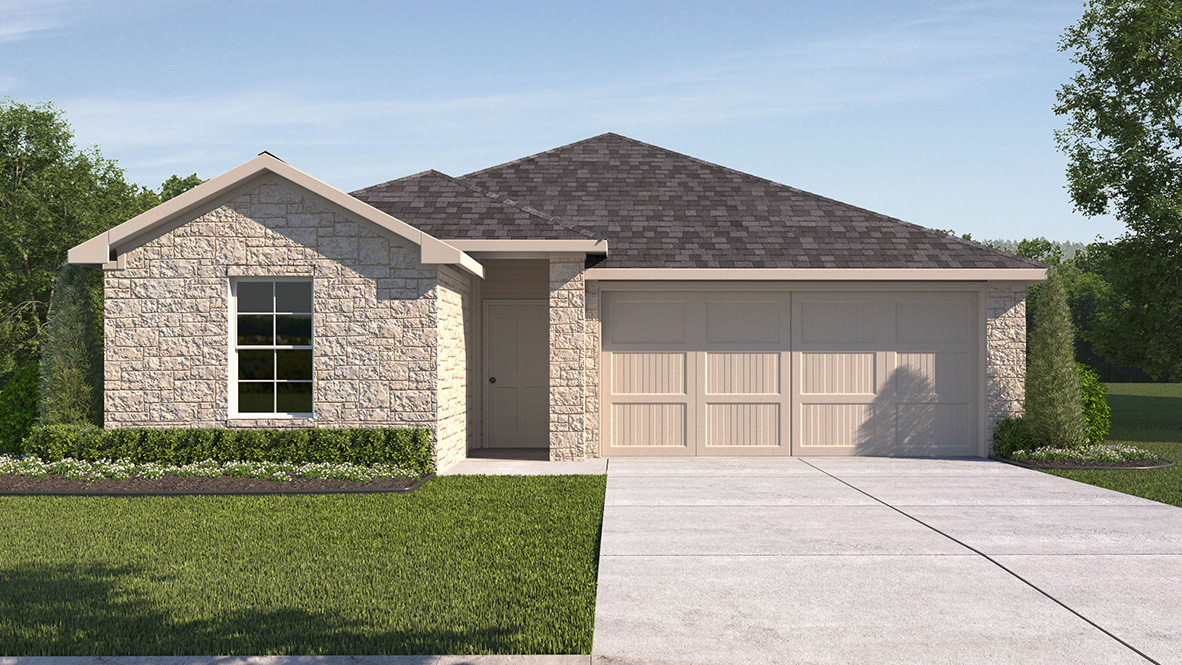 DR Horton Boerne The Birch at Spencer Ranch the caden floor plan 1 story home with stone front exterior and 2 car garage