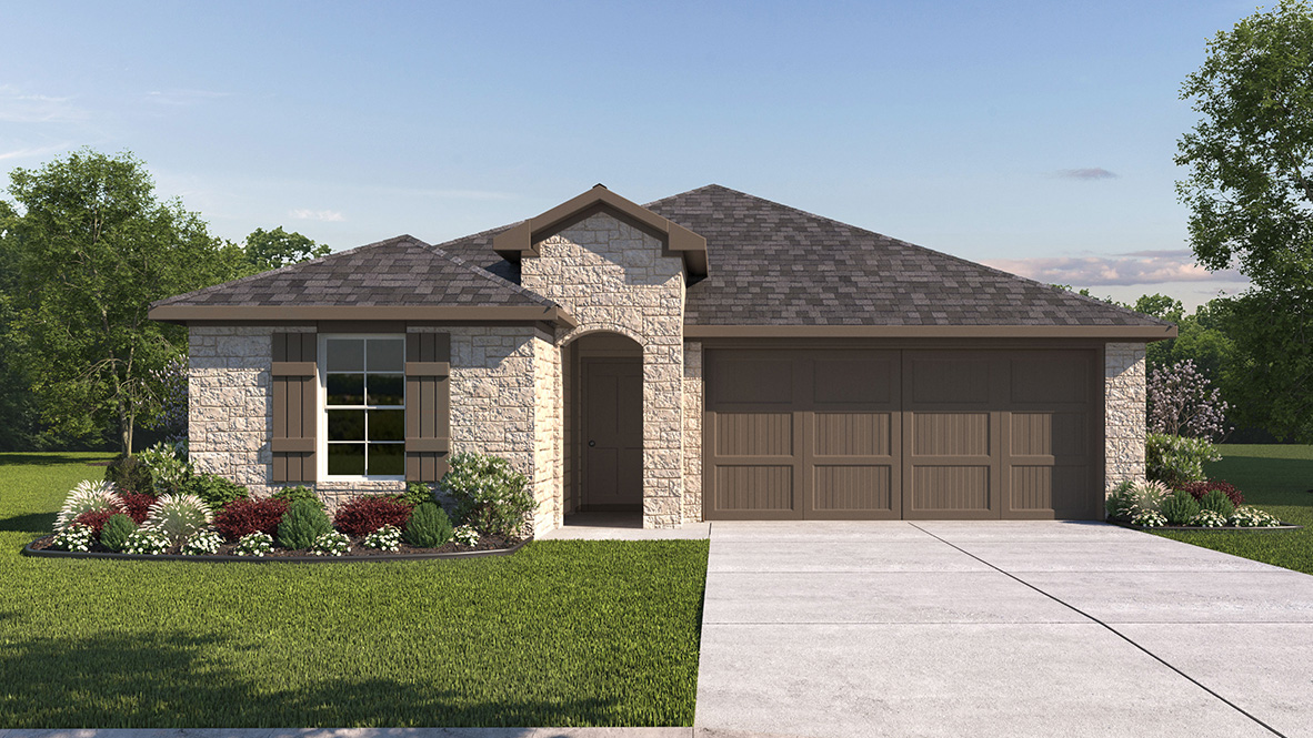 DR Horton Boerne The Birch at Spencer Ranch the caden floor plan 1 story home with stone front exterior and 2 car garage
