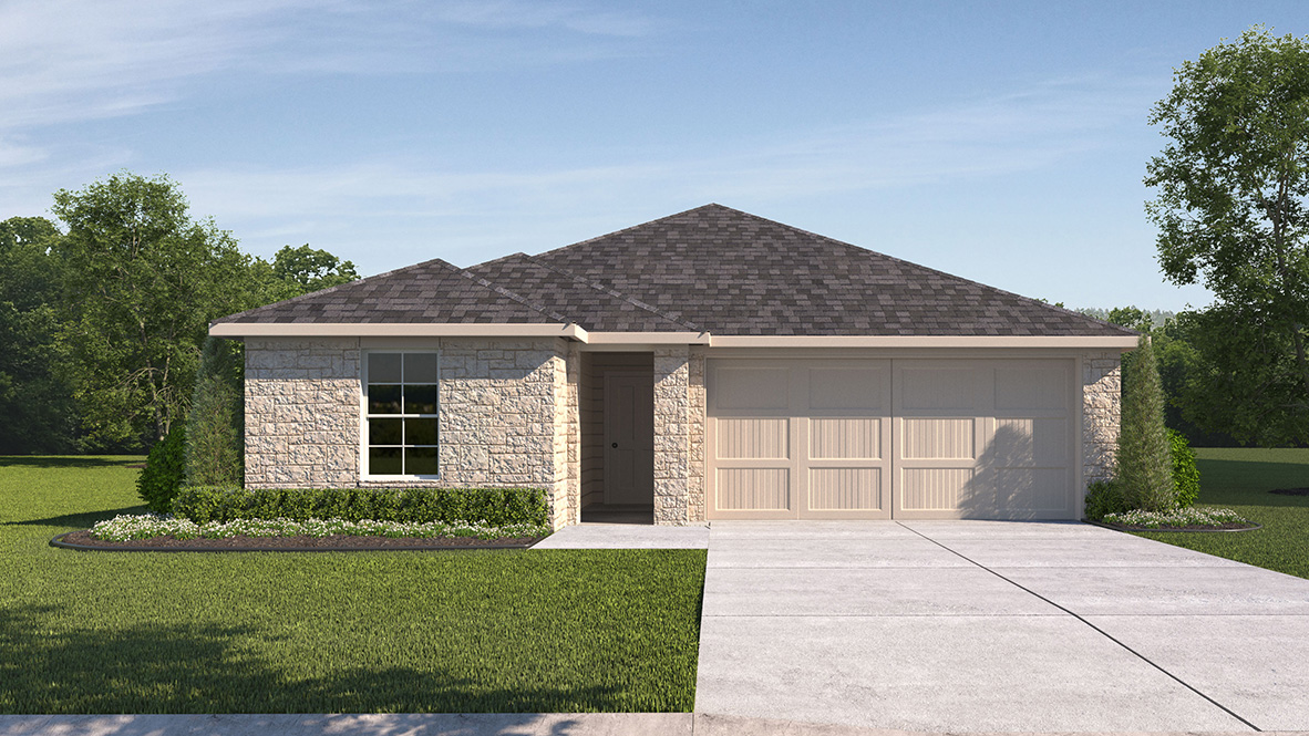 DR Horton Boerne The Birch at Spencer Ranch the easton floor plan 1680 square foot home, elevation a with stone front exterior and 2 car garage
