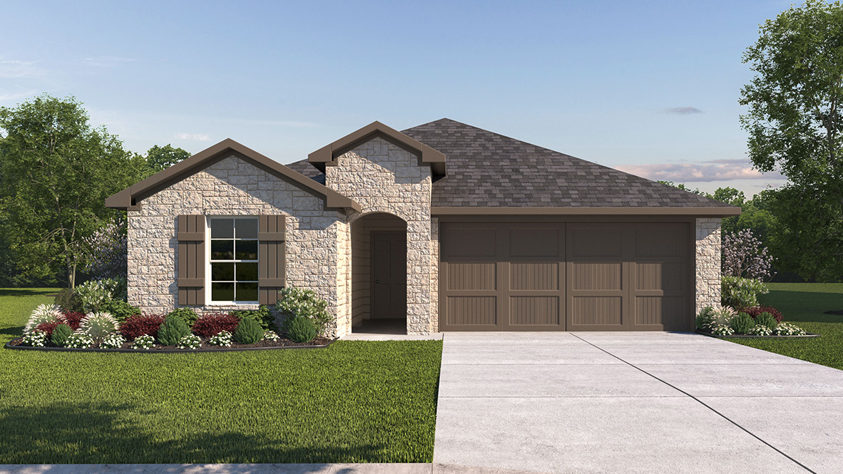 DR Horton Boerne The Birch at Spencer Ranch the easton floor plan 1680 square foot home, elevation b with stone front exterior and 2 car garage