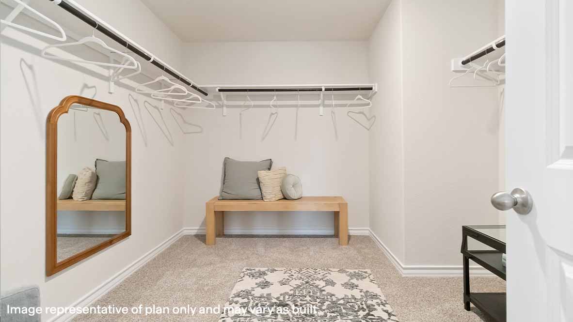 spacious primary bedroom closet with quality carpet