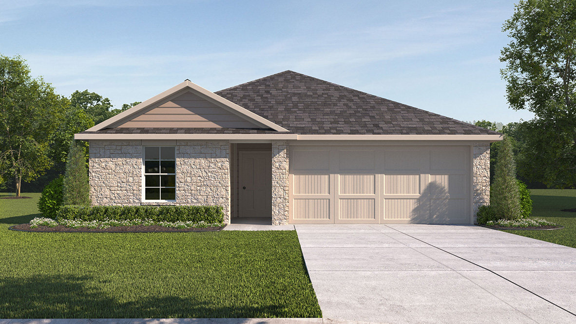 DR Horton Boerne The Birch at Spencer Ranch the harris floor plan, elevation a with stone front exterior and 2 car garage