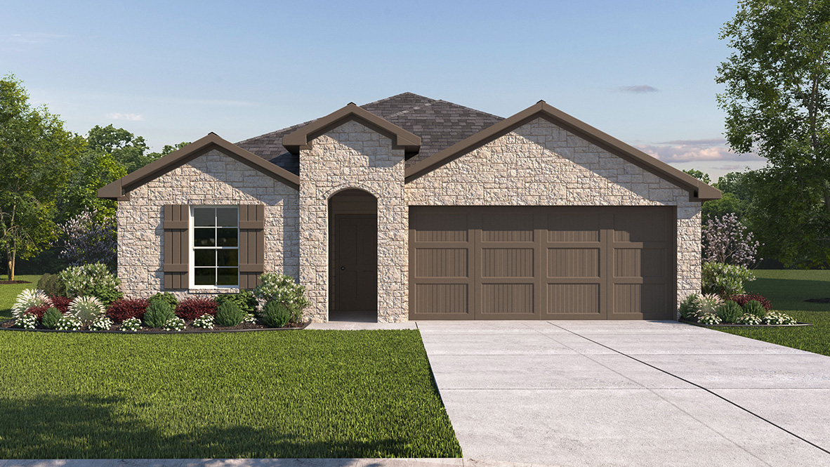 DR Horton Boerne The Birch at Spencer Ranch the harris floor plan, elevation b with stone front exterior, arched entry way and 2 car garage