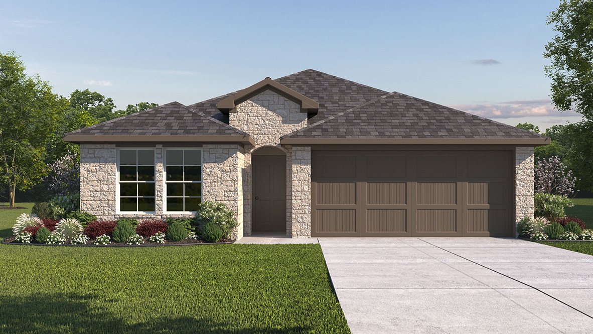One story home with covered porch, brick and stone front exterior and two car garage.