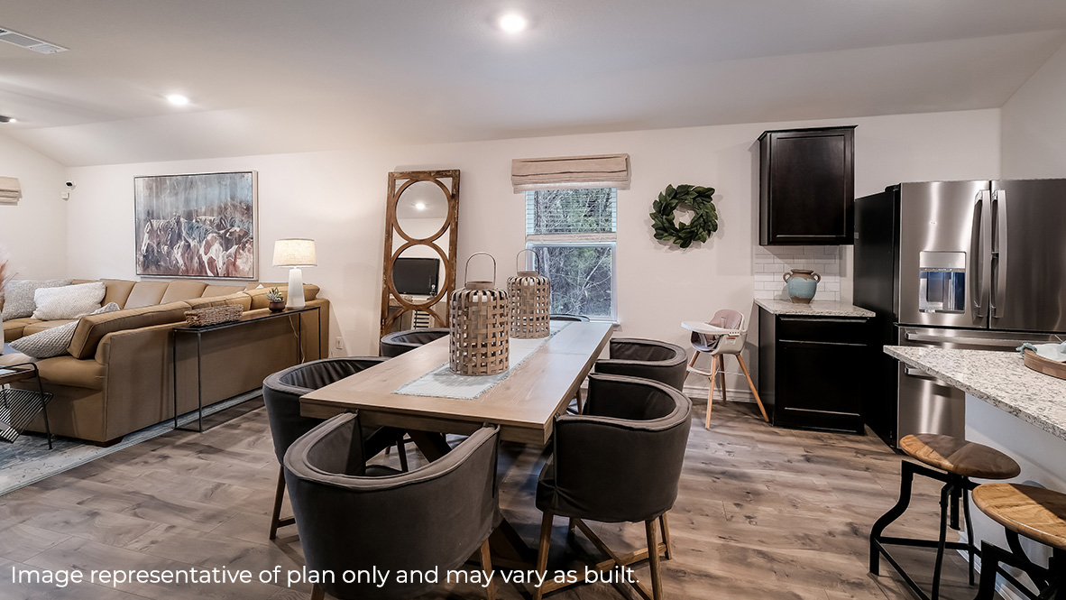 blended dining area and living room with hard surface flooring and large window.