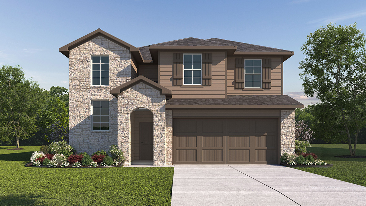 2 story home with brick exterior and two car garage