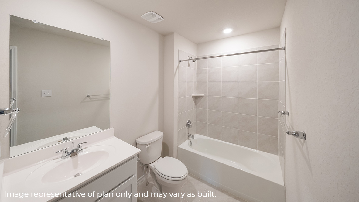 second full bathroom with single vanity sink, toilet and combined tub and shower.