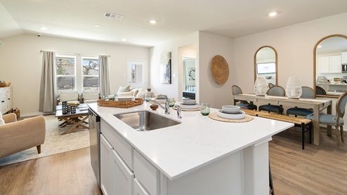 kitchen island with stainless steel dishwasher and deep farmhouse sink overlooking dining area