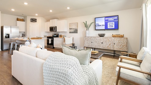 living room flowing into kitchen