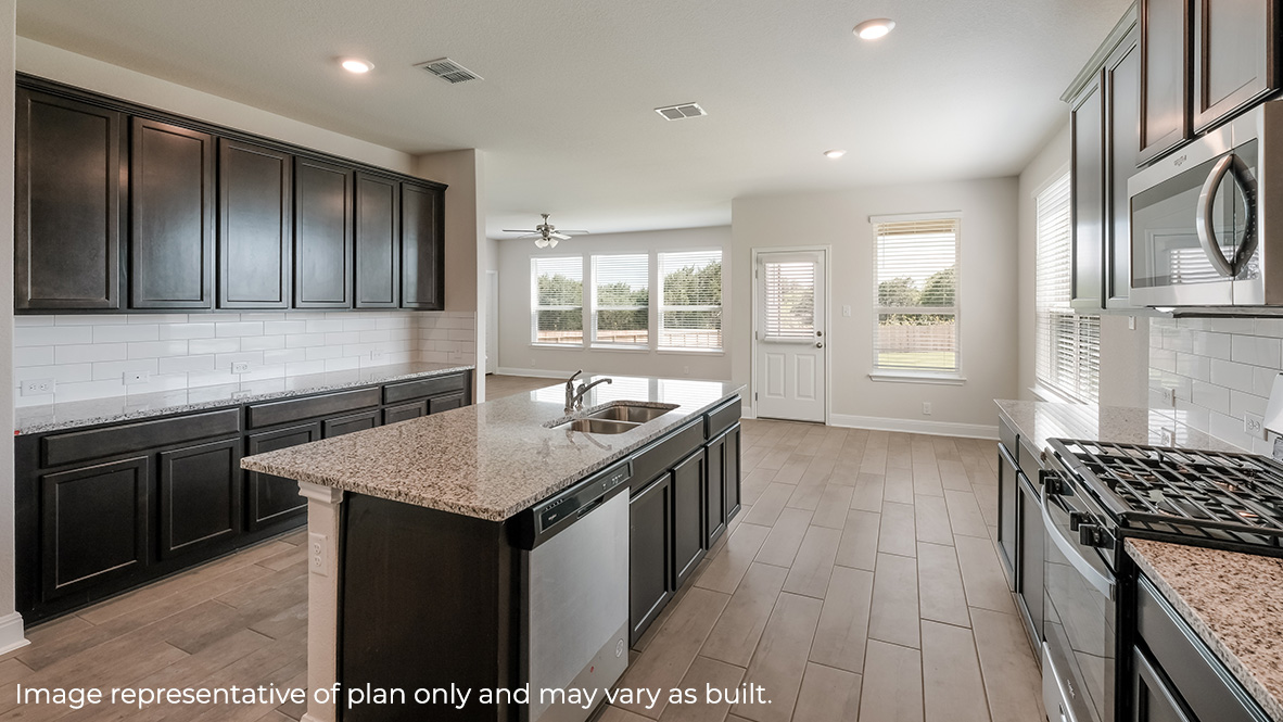 blended kitchen, breakfast nook and living room