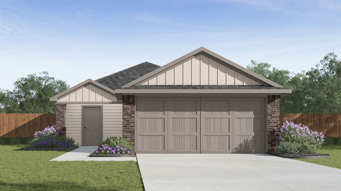 one story home with brick or siding front exterior and two car garage