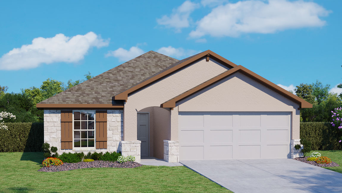 One story home with covered porch, brick and siding front exterior and two car garage.