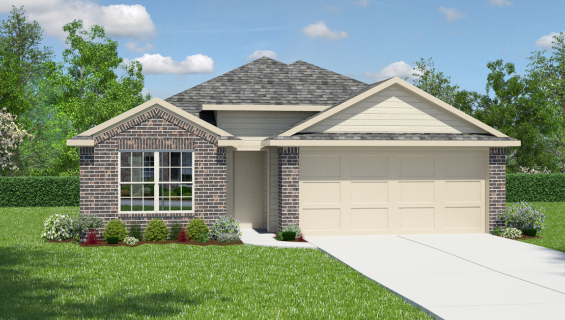 One story home with covered porch, brick and siding front exterior and two car garage.