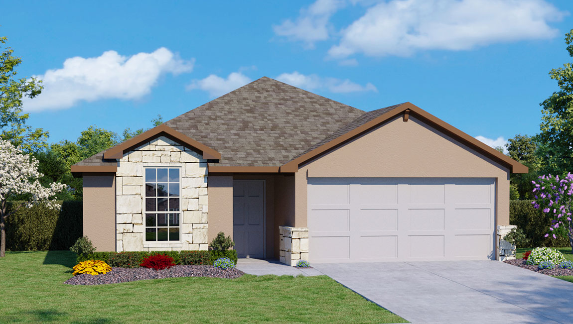 One story home with covered porch, brick and siding front exterior and two car garage.