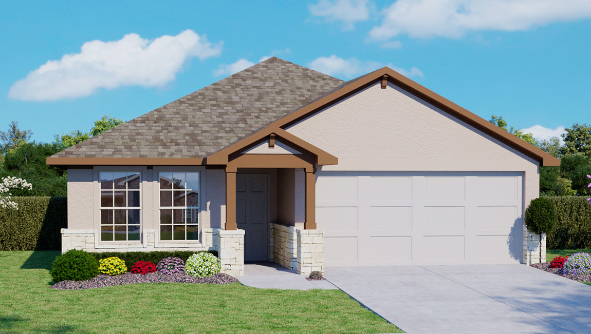 One story home with covered porch, brick front exterior and two car garage.