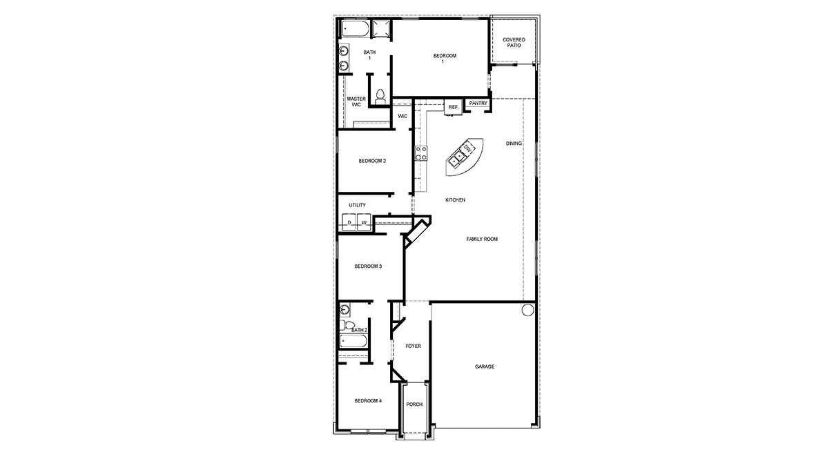 One story home with covered porch, brick front exterior and two car garage.