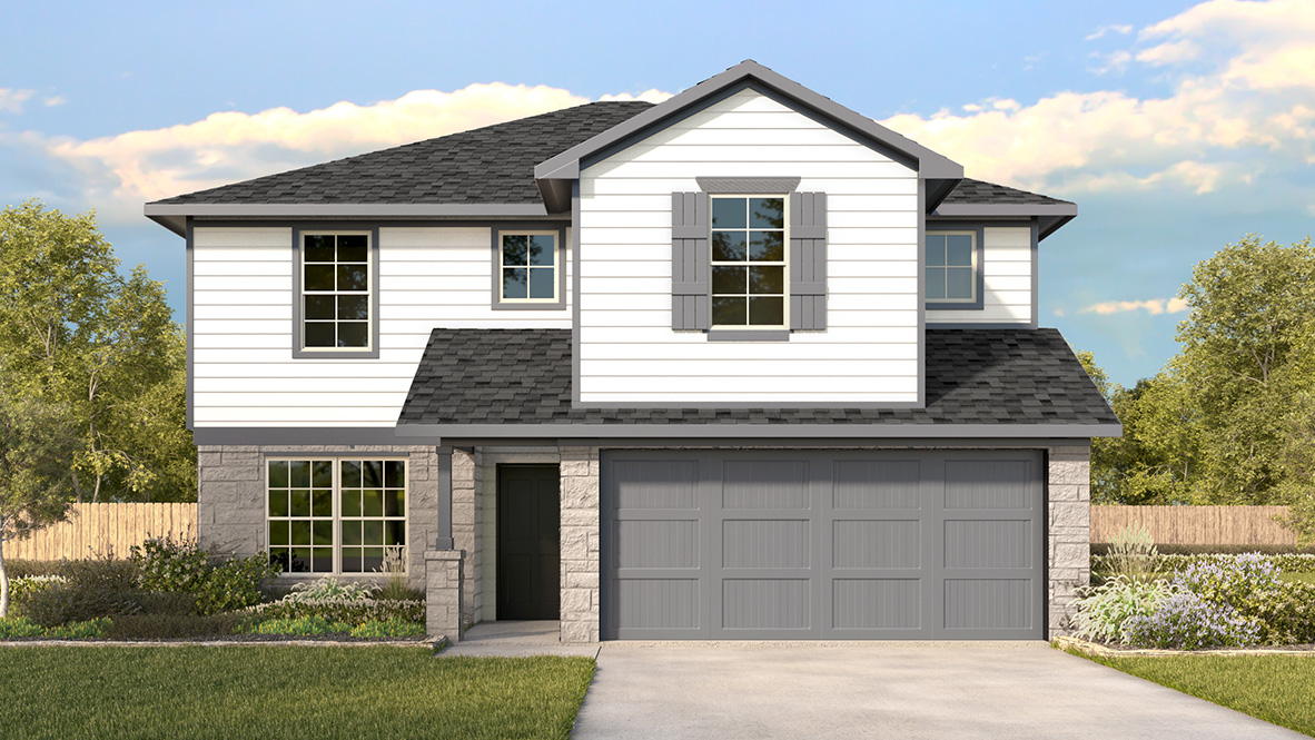 Two story home with covered porch, brick and siding front exterior and two car garage.