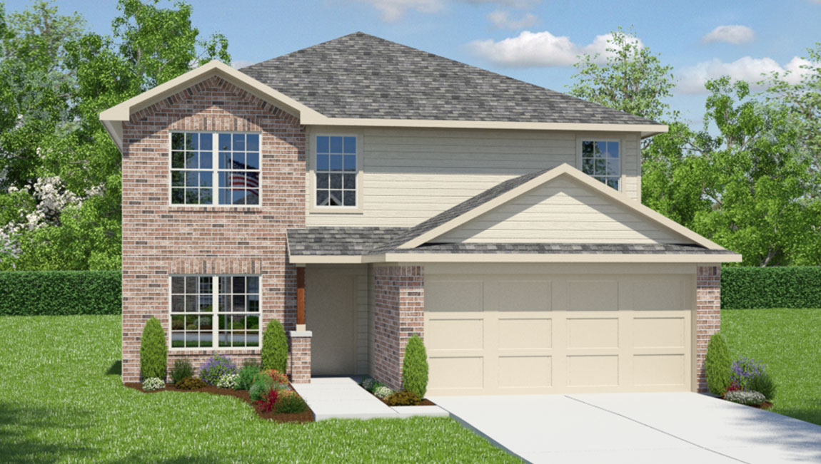 Two story home with covered porch, brick and stucco front exterior and two car garage.