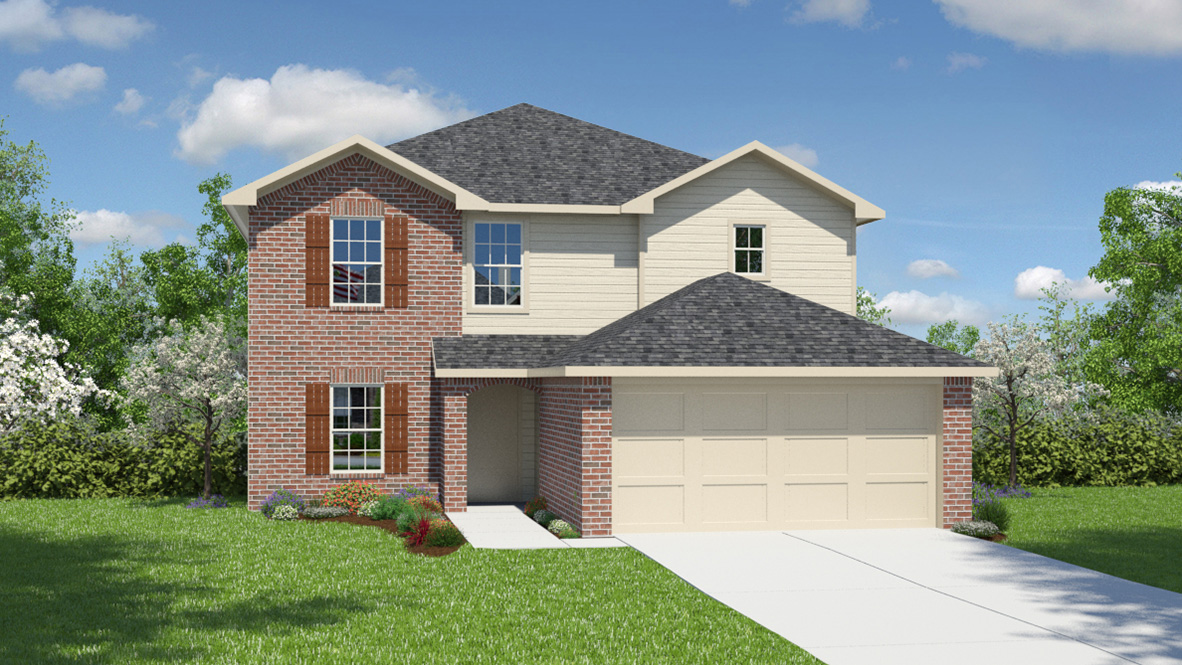 Two story home with covered porch, brick and stucco front exterior and two car garage.