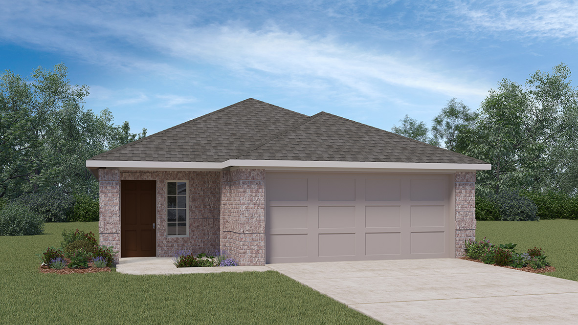 One story home with covered porch, brick and stone front exterior and two car garage.