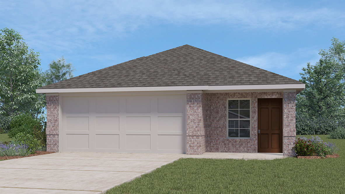 One story home with covered porch, brick and stone front exterior and two car garage.