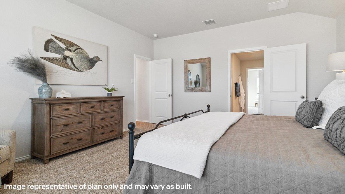 Spacious primary bedroom with quality carpet, ensuite bathroom and walk in closet.