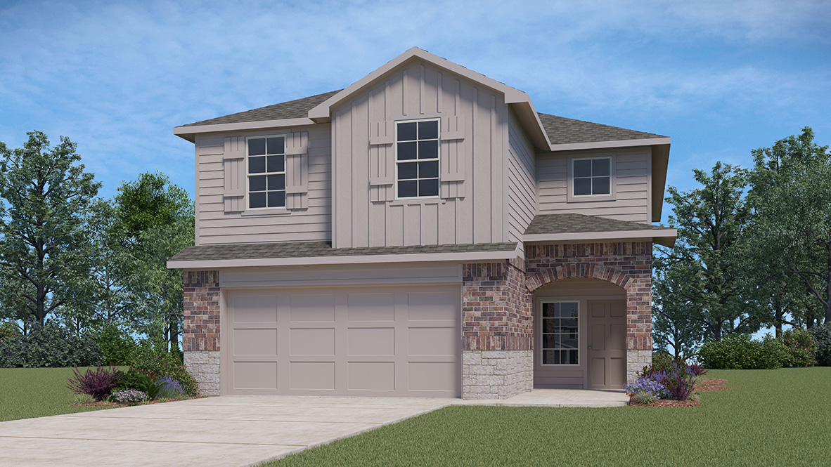 Two story home with covered porch, brick and stucco front exterior and two car garage.