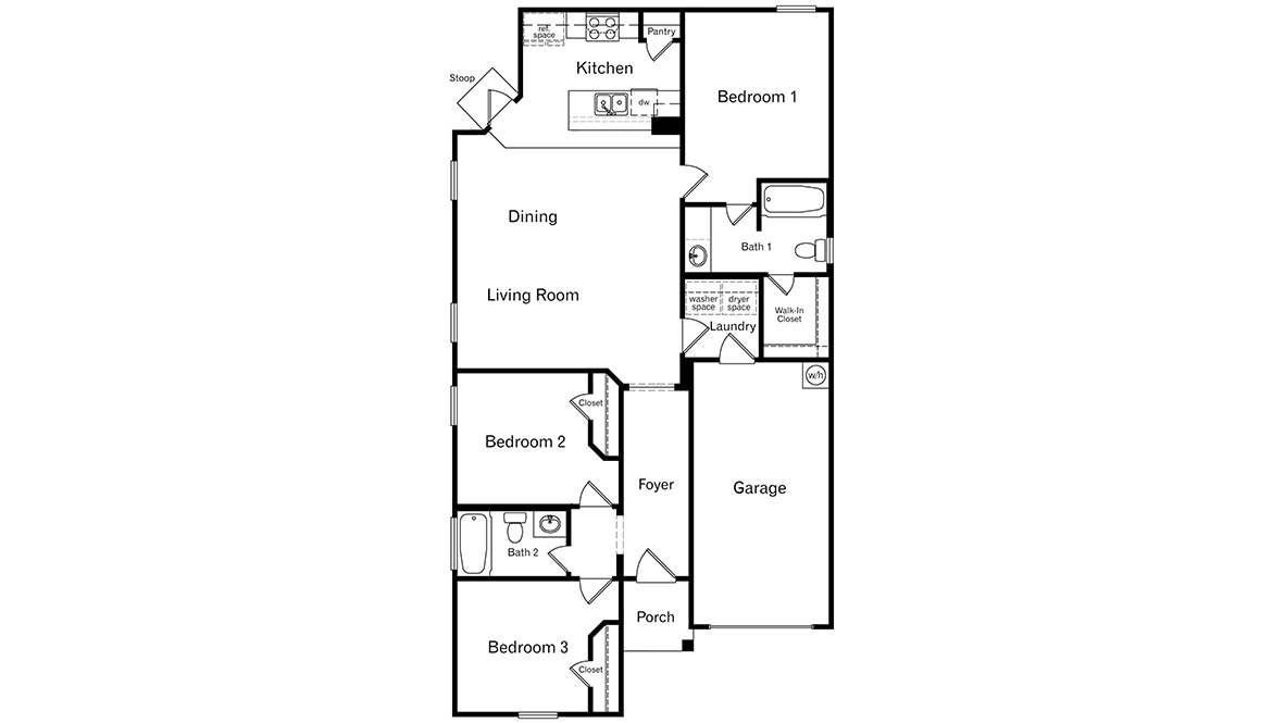 D.R. Horton san antonio solana ridge near lackland air force base the carswell 1180 square feet 3 bedroom 2 bathroom 1 story 1 car garage floor plan layout