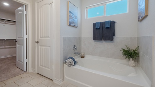DR Horton San Antonio Redbird Ranch model home main bedroom ensuite bathroom separate garden tub and shower