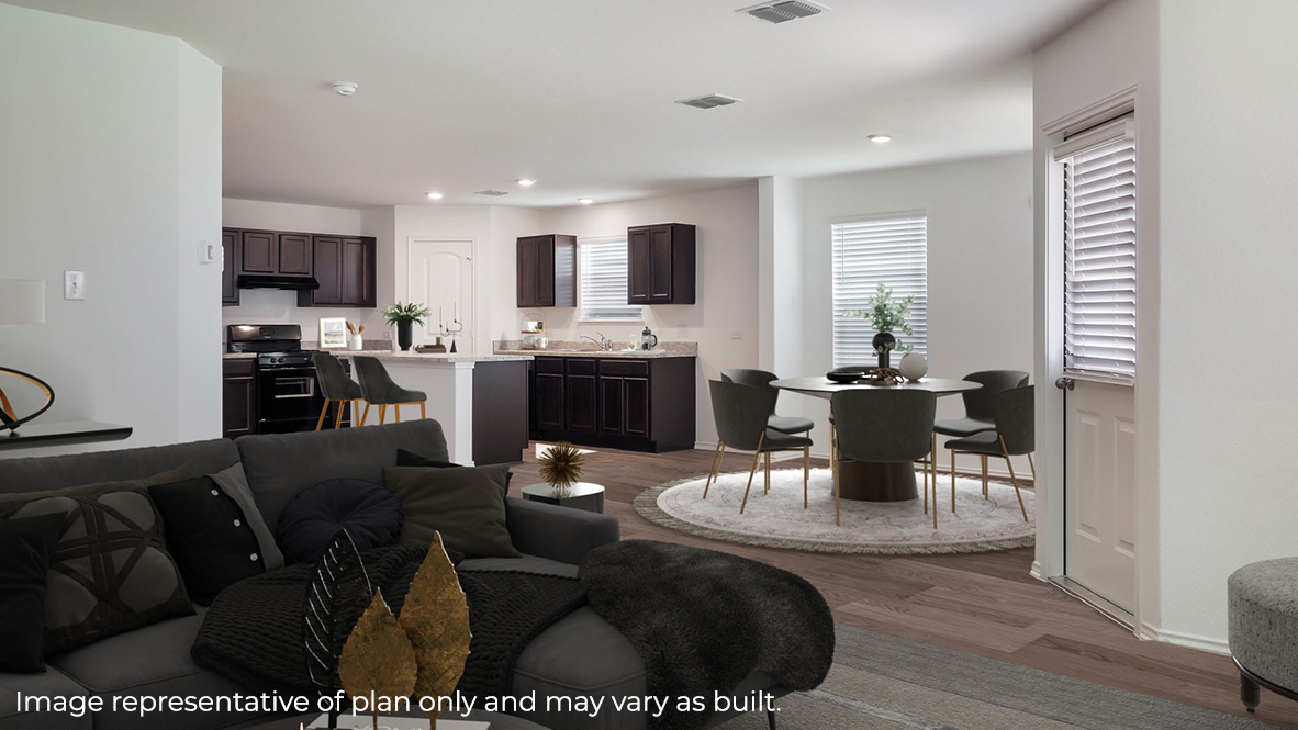 Kitchen - Living - Dining - The Stanley Floor Plan at Redbird Ranch in San Antonio, Texas Presented By D.R. Horton