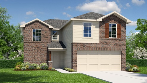 San Antonio The Canyons at Amhurst New Construction Homes 2037 square feet Wooden two story home elevation A exterior render two car garage brick