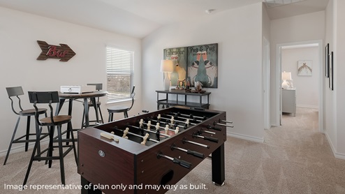 DR Horton San Antonio The Canyons at Amhurst 12010 topaz stream the landry floor plan 2 story 2 car garage 2678 square feet upstairs loft or game room with carpet flooring foosball table and bar seating