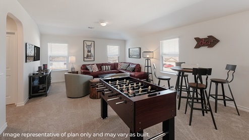DR Horton San Antonio The Canyons at Amhurst 12010 topaz stream the landry floor plan 2 story 2 car garage 2678 square feet upstairs loft or game room with foosball table standing table with bar stools and large sectional couch