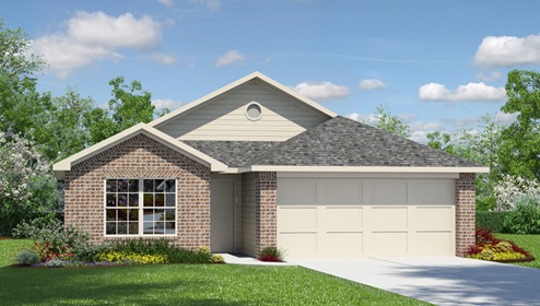 Bulverde Texas DR Horton Homes Copper Canyon The Torre floor plan 1442 square feet one story New Construction Homes elevation A exterior render with brick and siding 2 car garage