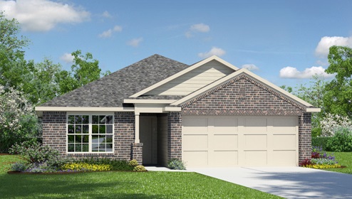 Bulverde Texas DR Horton Homes Copper Canyon The Torre floor plan 1442 square feet one story New Construction Homes elevation B exterior render with brick and siding 2 car garage