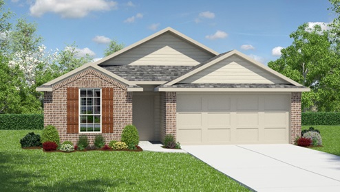 Bulverde Texas DR Horton Homes Copper Canyon The Brown floor plan 1651 square feet one story New Construction Homes elevation B exterior render with brick and siding 2 car garage