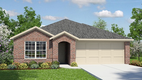Bulverde Texas DR Horton Homes Copper Canyon The Knight floor plan 1901 square feet one story New Construction Homes elevation B exterior render brick 2 car garage