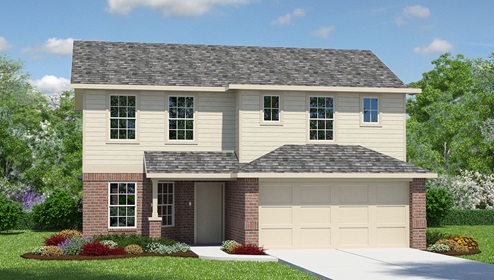 Bulverde Texas DR Horton Homes Copper Canyon The Walsh floor plan 2323 square feet two story New Construction Homes elevation B exterior render brick and siding 2 car garage