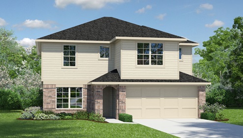 Bulverde Texas DR Horton Homes Copper Canyon The Lombardi floor plan 2539 square feet two story New Construction Homes elevation A exterior render brick and siding 2 car garage