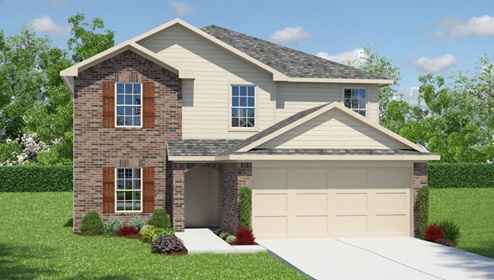 Bulverde Texas DR Horton Homes Copper Canyon The Landry floor plan 2678 square feet two story New Construction Homes elevation B exterior render brick and siding 2 car garage