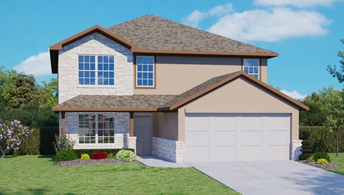 Bulverde Texas DR Horton Homes Copper Canyon The Landry floor plan 2678 square feet two story New Construction Homes elevation C exterior render stucco and stone 2 car garage