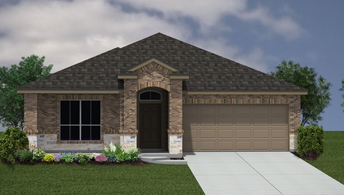 Bulverde Texas DR Horton Homes Copper Canyon Ingram floor plan 1736 square feet one story New Construction Homes Community brick and stone exterior render 2 car garage