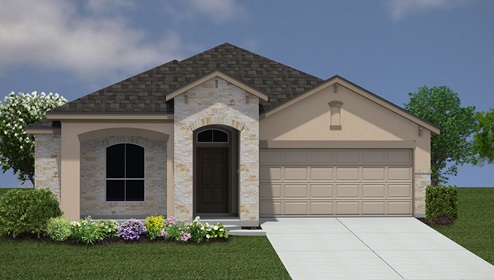 Bulverde Texas DR Horton Homes Copper Canyon Ingram floor plan 1736 square feet one story New Construction Homes Community stone and stucco exterior render 2 car garage