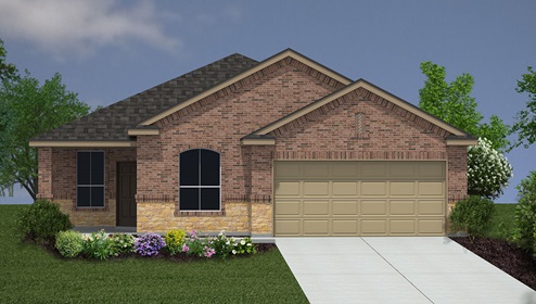 Bulverde Texas DR Horton Homes Copper Canyon Blanco floor plan 1847 square feet one story New Construction Homes Community brick and stone exterior render 2 car garage