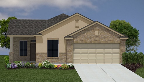Bulverde Texas DR Horton Homes Copper Canyon Blanco floor plan 1847 square feet one story New Construction Homes Community stucco and stone exterior render 2 car garage