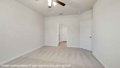 Bulverde Texas DR Horton Homes Copper Canyon Blanco floor plan 1847 square feet one story New Construction Homes Community master bedroom with carpet flooring ceiling fan and view of master ensuite bathroom