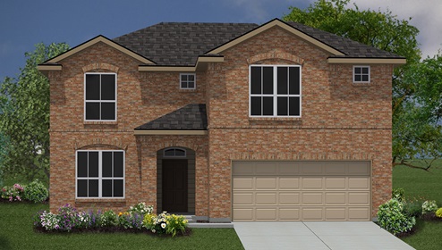 Bulverde Texas DR Horton Homes Copper Canyon The Boerne floor plan 2710 square feet two story New Construction Homes elevation A brick exterior render 2 car garage