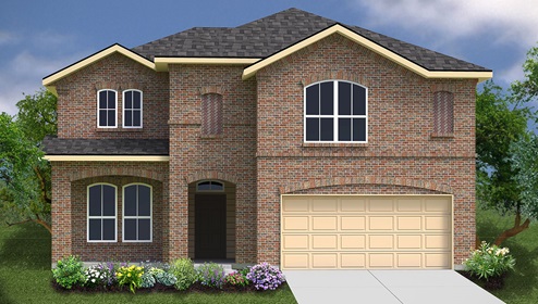 Bulverde Texas DR Horton Homes Copper Canyon The Boerne floor plan 2710 square feet two story New Construction Homes elevation B brick exterior render 2 car garage